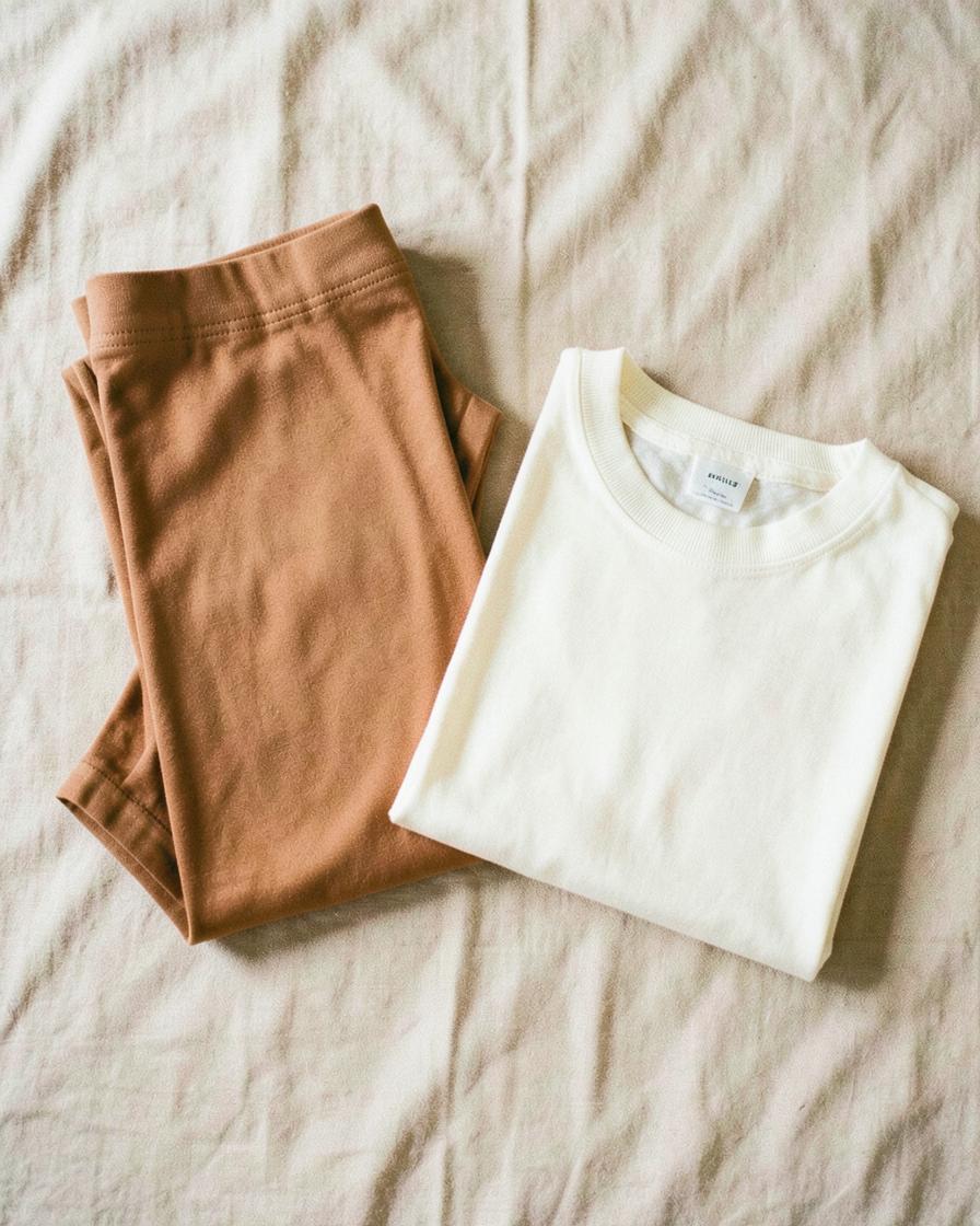 Daily Pima Legging in Canela folded with a Hueso pima tee
