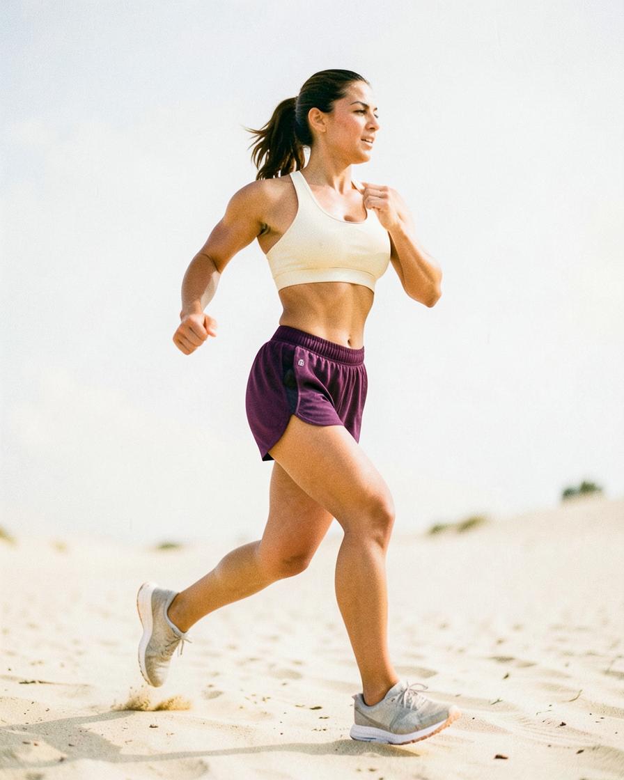 Run Short in Chicha with cream bra, mid-stride